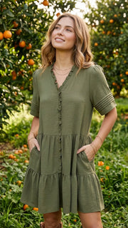 Ruffle Trim Pleated Sleeve Dress