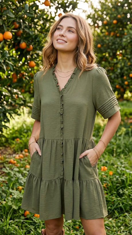 Ruffle Trim Pleated Sleeve Dress