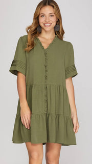 Ruffle Trim Pleated Sleeve Dress