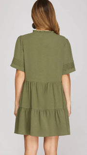 Ruffle Trim Pleated Sleeve Dress