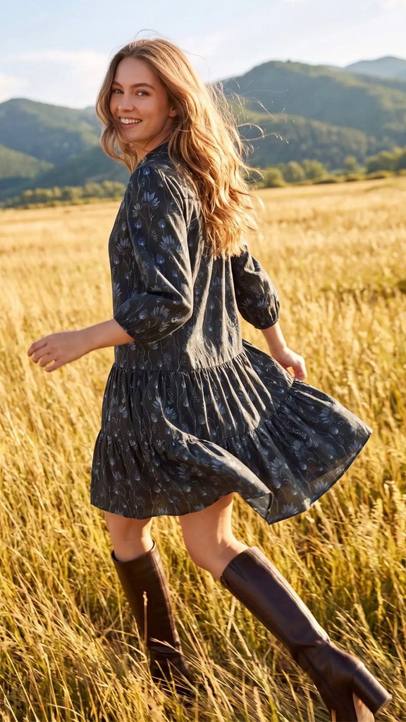 Floral Drop Waist 3/4 Sleeve Dress