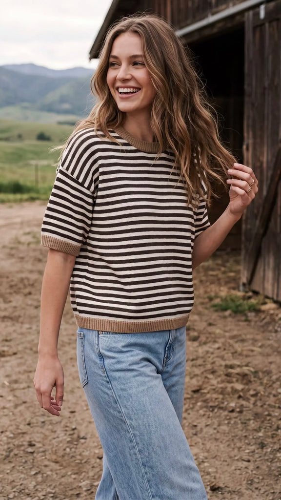 Contrast Trim Stripe Half Slv Sweater