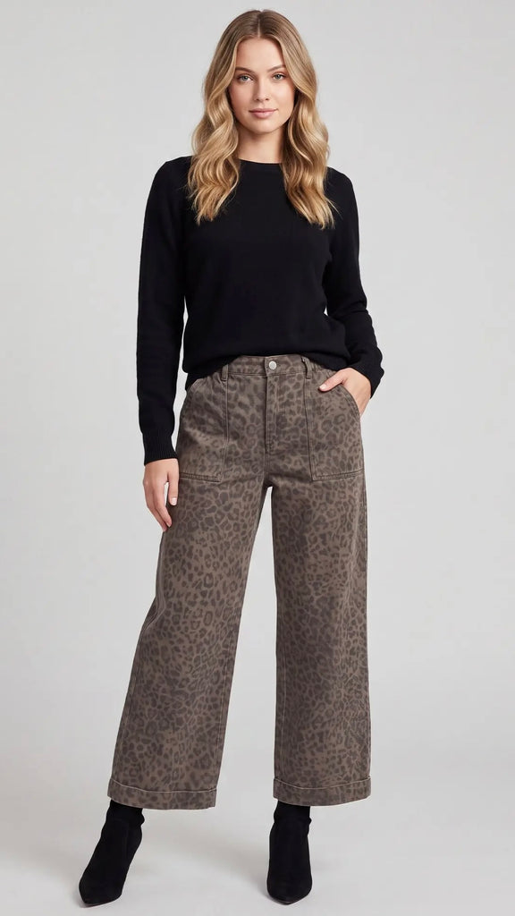 Animal Print Woven Cuff Wide Leg Pants