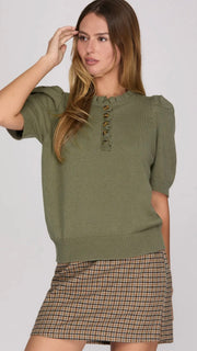 Ruffle Trim Puff Half Sleeve Sweater