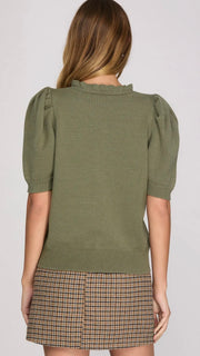 Ruffle Trim Puff Half Sleeve Sweater