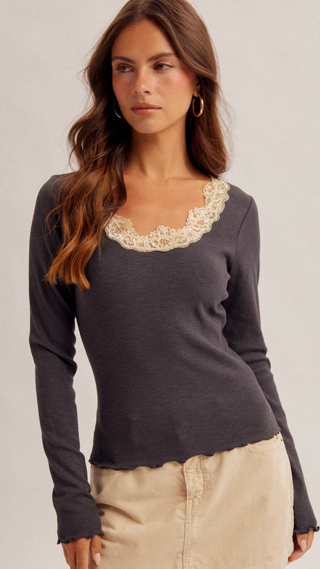 Lace Trim Scoop Rib Knit Top