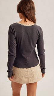 Lace Trim Scoop Rib Knit Top