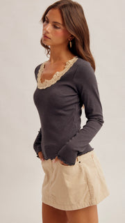 Lace Trim Scoop Rib Knit Top