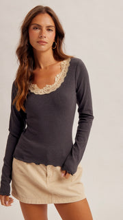 Lace Trim Scoop Rib Knit Top