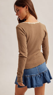 Lace Trim Scoop Rib Knit Top