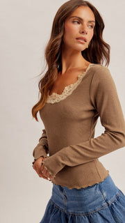 Lace Trim Scoop Rib Knit Top
