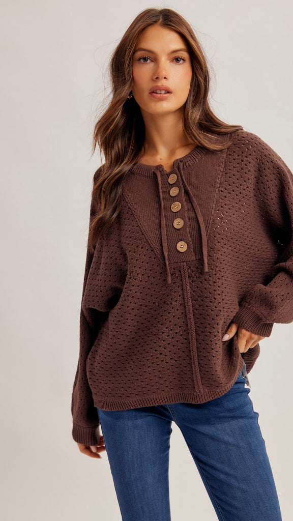 Pointelle Dolman Henley Sweater