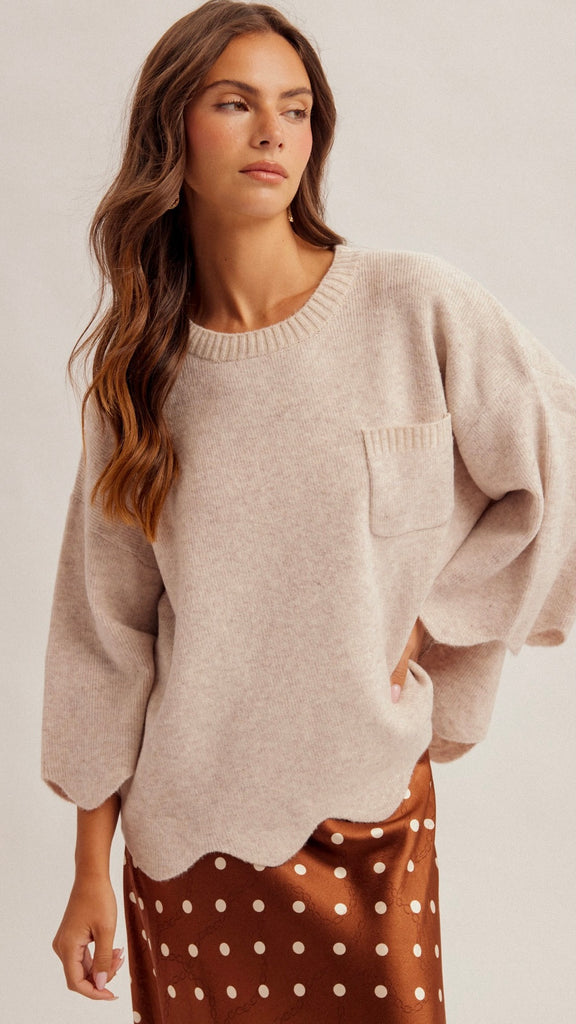 Scallop Edge 3/4 Sleeve Sweater