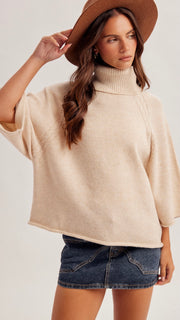 Cable Trim Raglan Cowl Neck Sweater