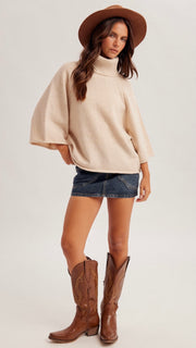 Cable Trim Raglan Cowl Neck Sweater