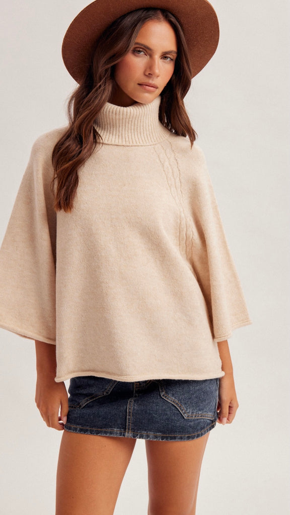 Cable Trim Raglan Cowl Neck Sweater