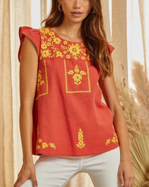 Embroidered Flutter Sleeve Top