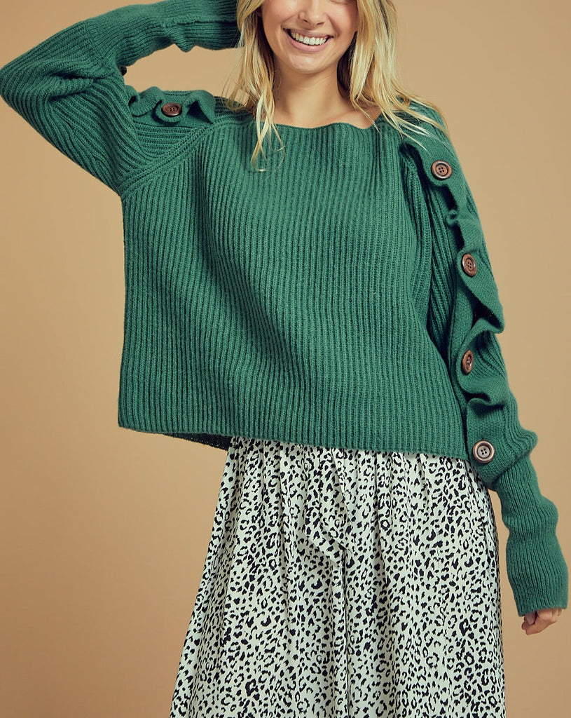 Button Sleeve Ribbed Knit Sweater