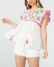 Embroidered Bib Tassel Tie Top