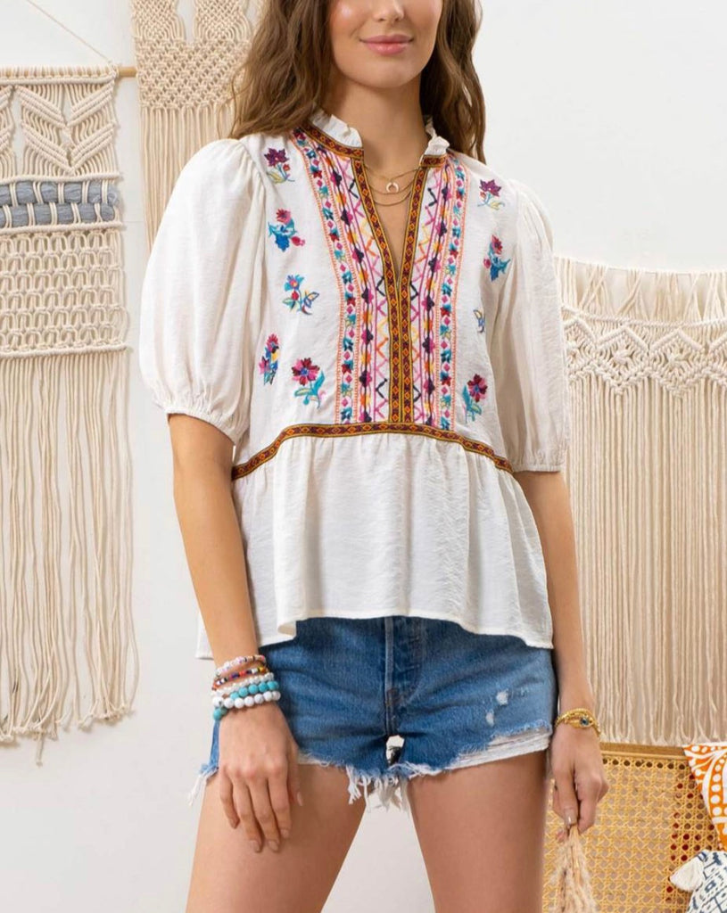 Embroidered Boho Puff Slv Top