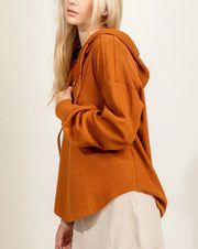 Hooded Rib Knit 1/2 Button Top
