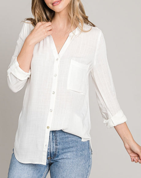 Collarless V-Neck Button Front Top