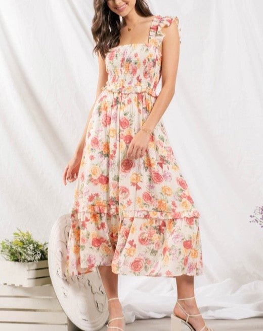 Smocked Bodice Floral Midi Dress