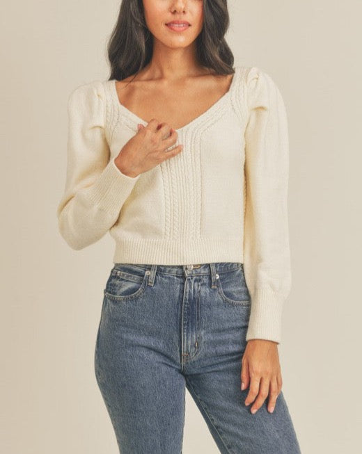 Cable Knit Trim Puff Slv Sweater