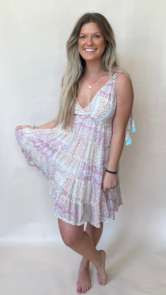 Boho Patchwork Tassel Tie Dress