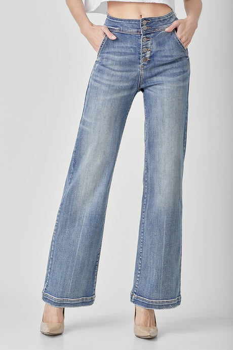 High Rise Slant Pocket Wide Leg Jean