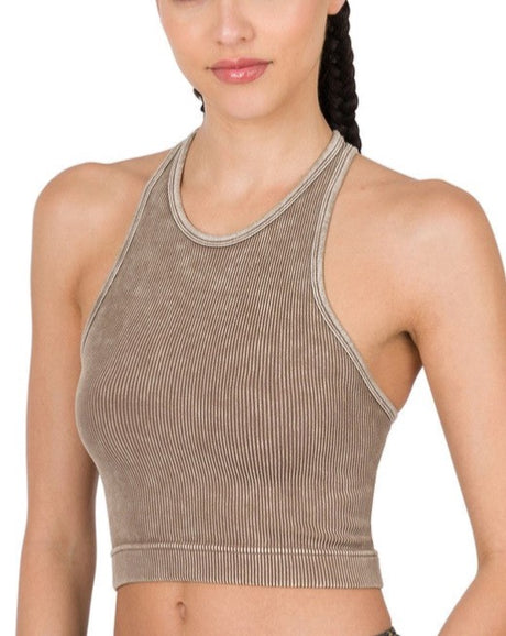 Mineral Rib Knit Hi Neck Crop Tank