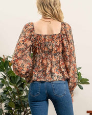 Fall Floral Sweetheart Neck Top