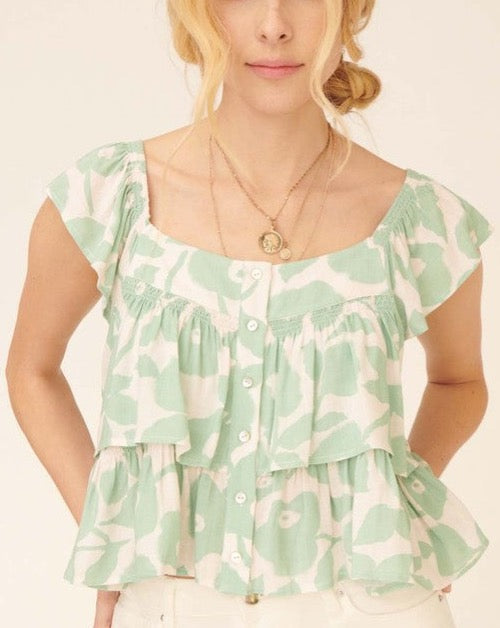 Floral Button Front Ruffles Top
