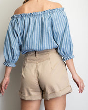 Pleated Yoke Front Cuffed Shorts