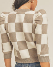 Checker Puff Sleeve Sweater