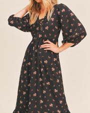 Floral Lace Up Front Midi Dress