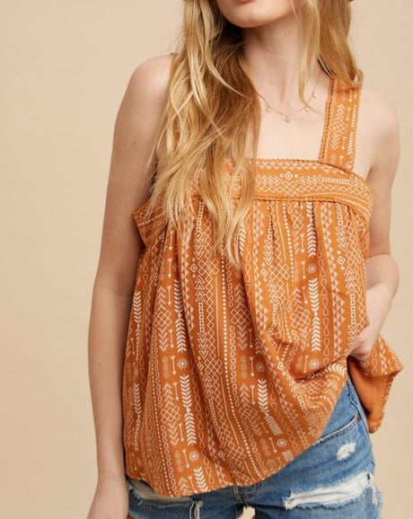 Geo Print Crochet Trim Babydoll Tank