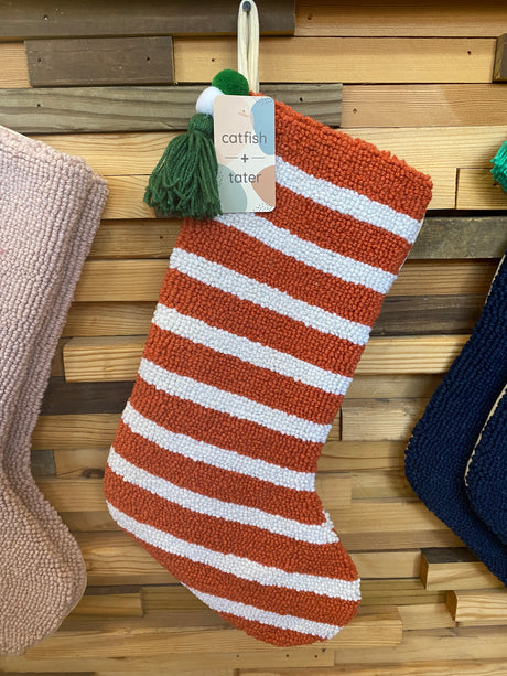 Red Stripe Hooked Stocking w/Poms