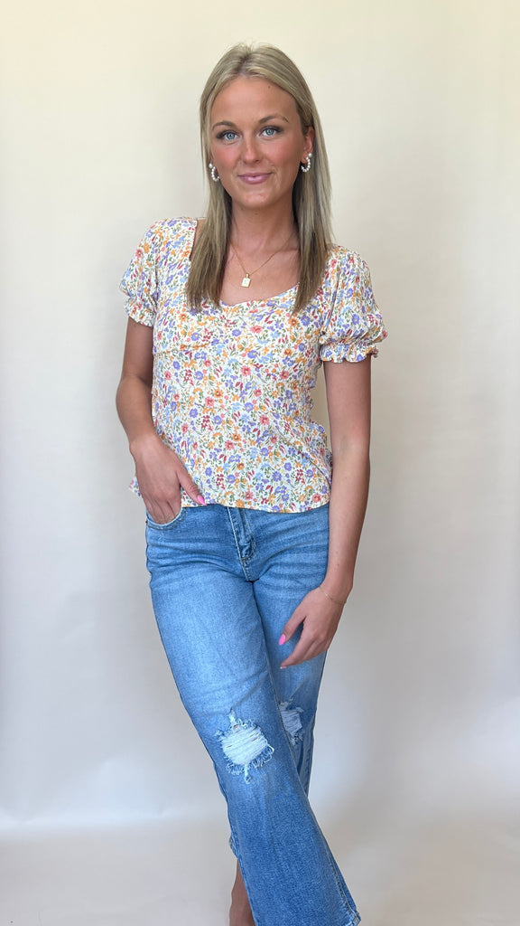 Floral Puff Slv Smocked Back Top