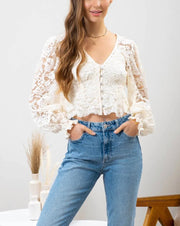 Crochet Lace Cropped Bubble Slv Top