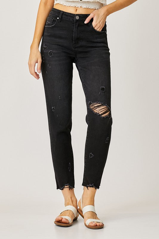 Mid Rise Destructed Taper Stretch Jeans
