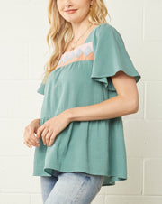 Geo Embroidery Flutter Sleeve Top