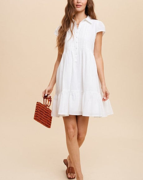 Cap Sleeve Pleat+Button Mini Dress