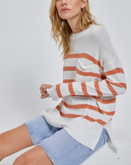 Fine Knit Stripe Patch Pkt Sweater