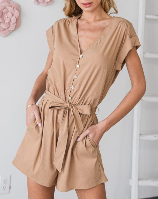 Cuff Sleeve Button Front Romper