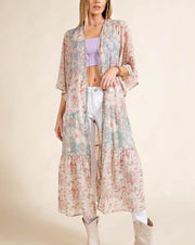 Sheer Floral Tiered Tie Kimono
