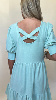 Textured Knit Puff Slv X-Back Dress