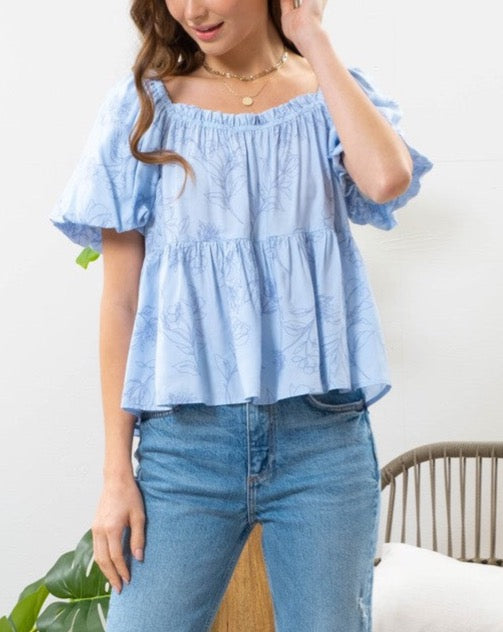 Floral Outline Bubble Sleeve Top