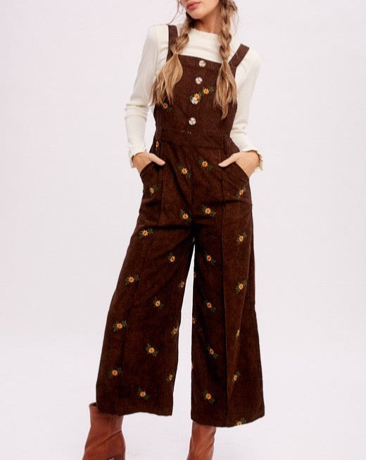 Corduroy Floral Embroidered Overalls