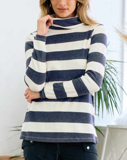 Striped Side Button Turtleneck Top